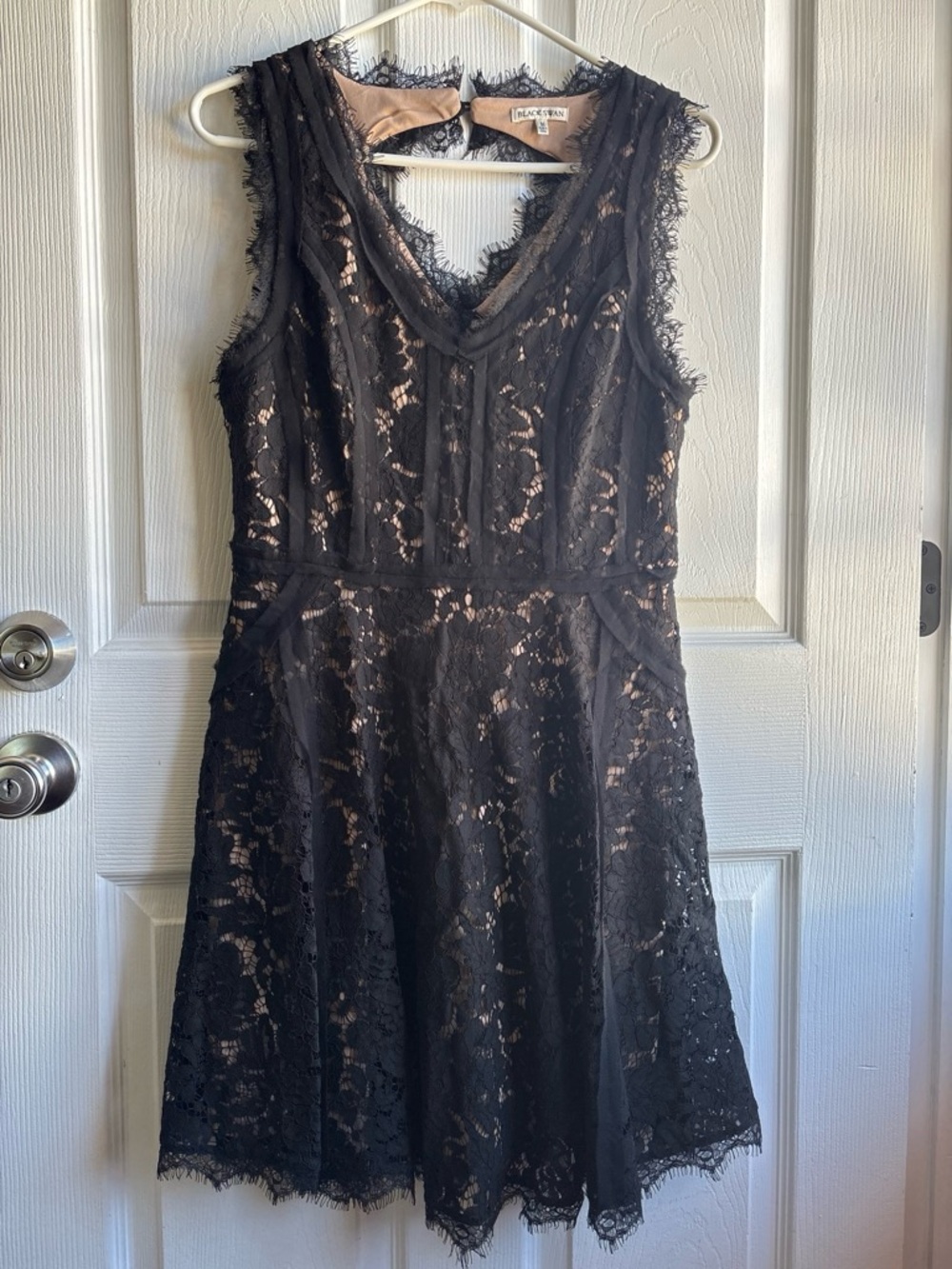 🦢Black Swan Black Floral Lace V-Neck Sleeveless Lined A-Line Knee Dress M